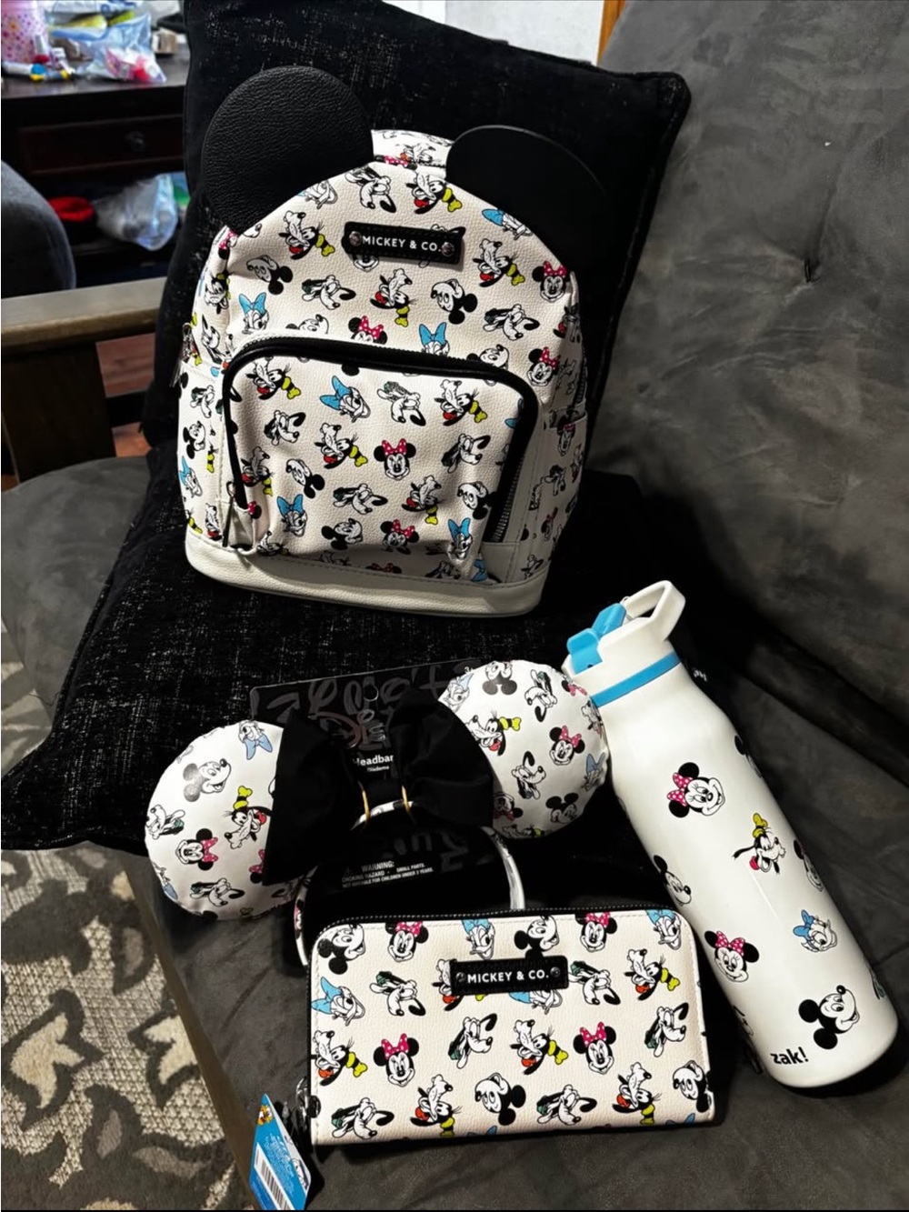 Disney backpack, water bottle, ear,wallet matching set